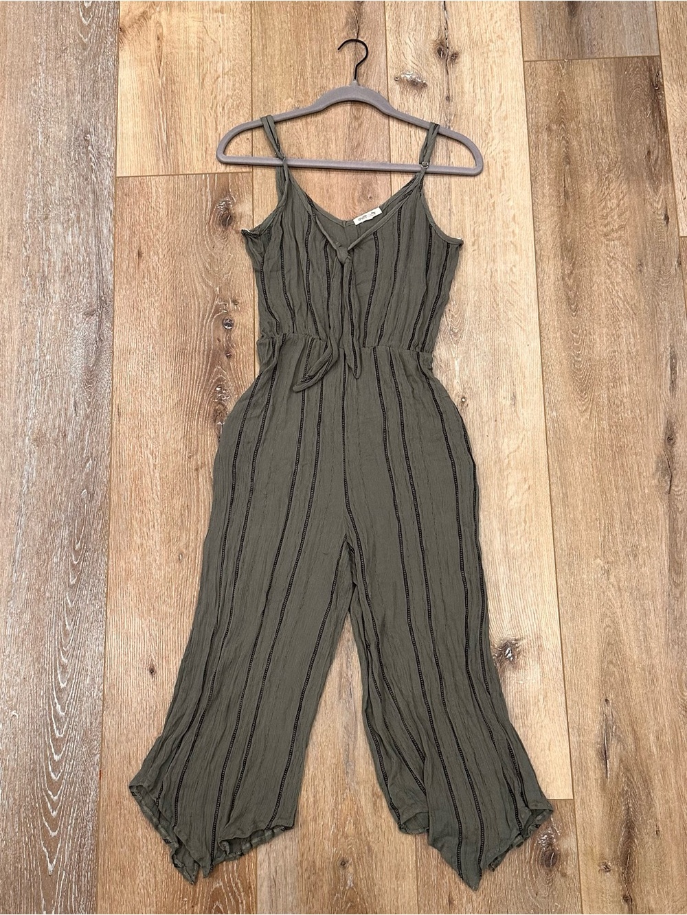 And The Why - Olive Striped Wide-Leg Jumpsuit with Tie Waist